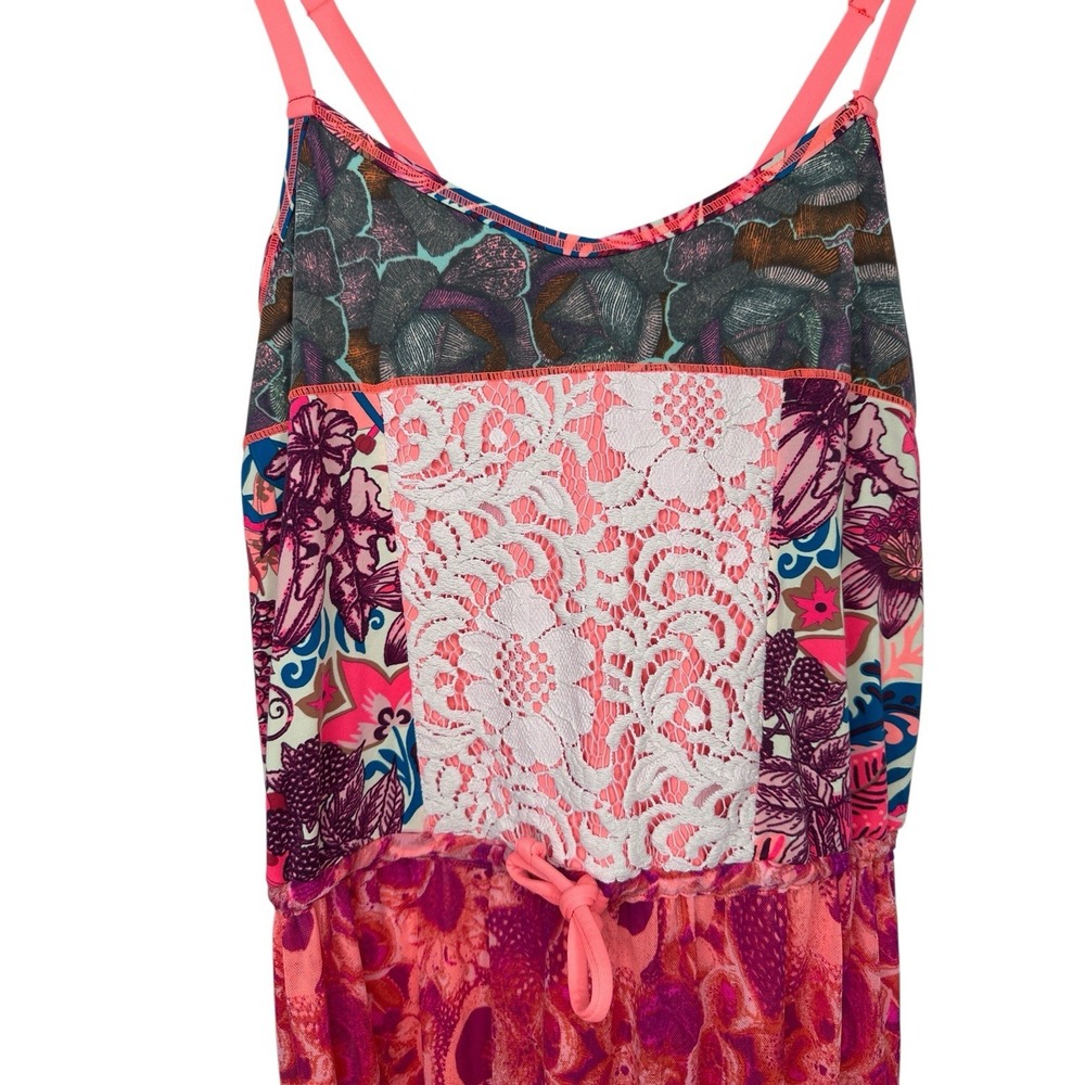 Maaji Maxi Dress Large Pink Mixed Print Lace Detail Boho Tiered Spaghetti Strap - Picture 5 of 10
